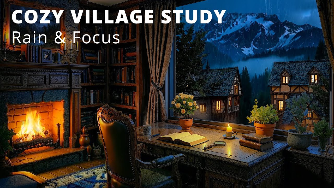 Cozy Study Room Rain 🌧️ Mountain View & European Village