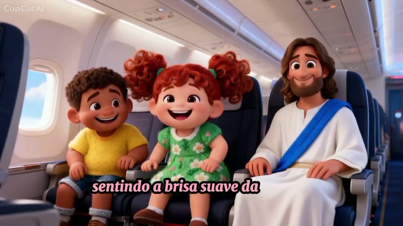 Miguel e Sofia no avião da alegria com Jesus voando nos céus azul
