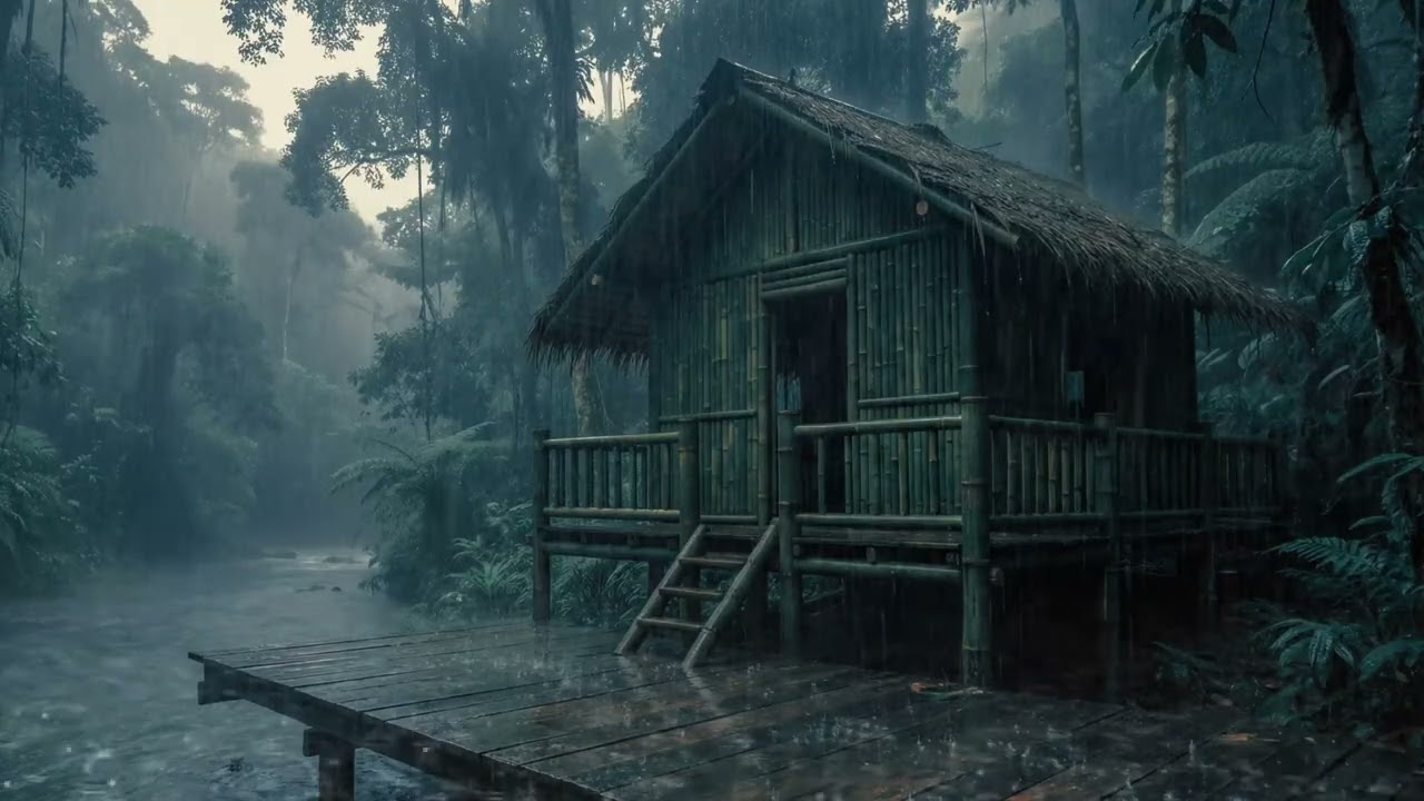 ASMR Rain pouring down on a Bamboo Hut beside a calm Forest River