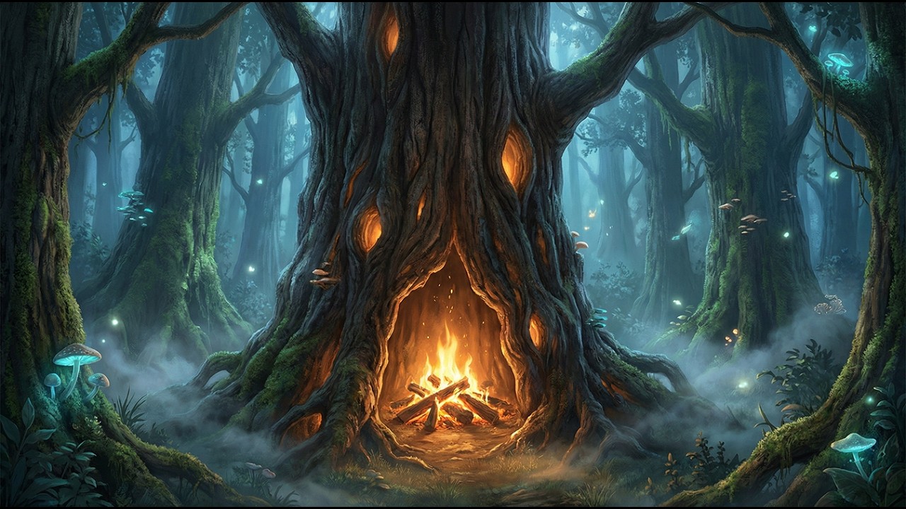 🌳🔥 Giant Tree Hollow Fireplace | Cozy Forest Fire Ambience for Sleep & Relaxation