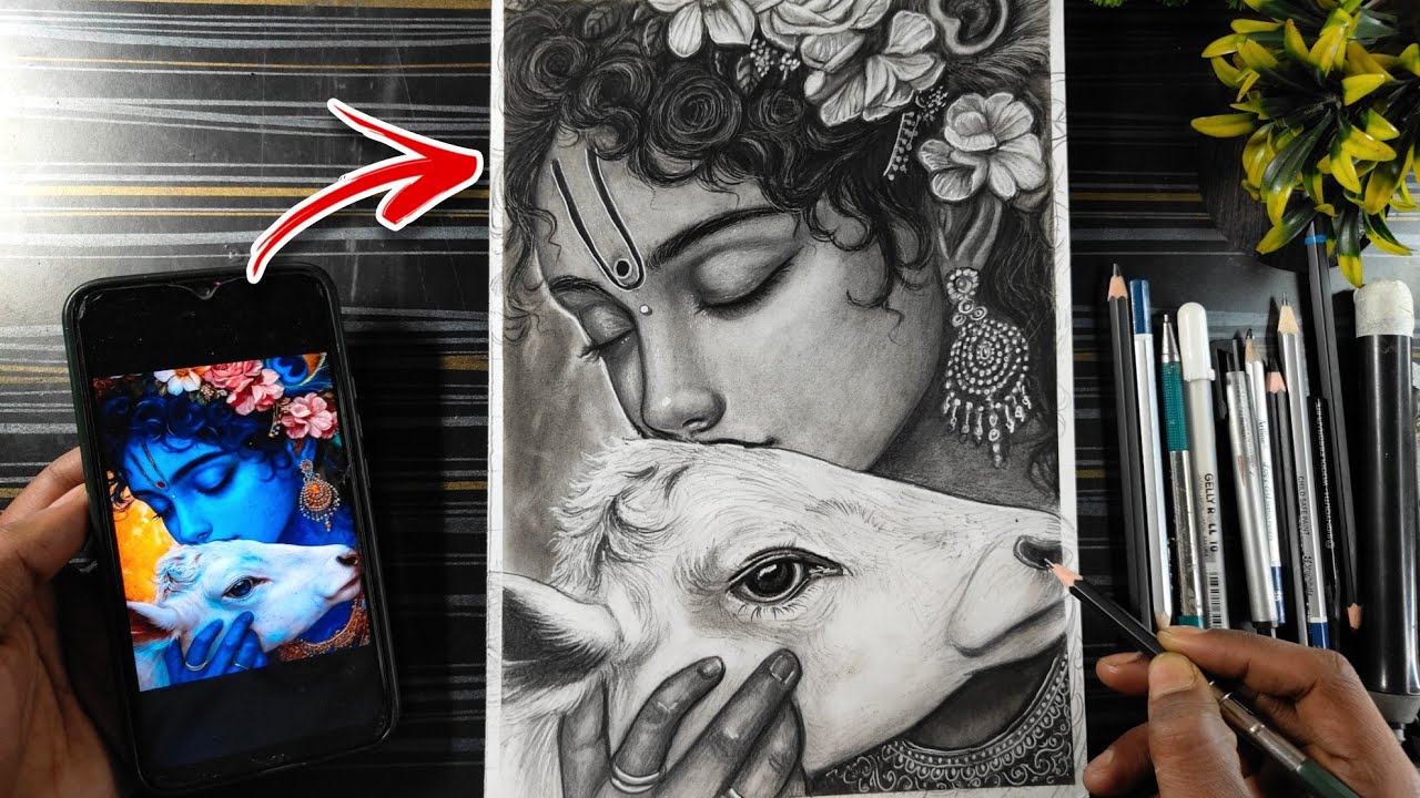 Krishna Drawing Sketch😍 (Final Part), How To Draw Lord Krishna With Cow❤️&zwj;🩹, Step By Step Tutorial