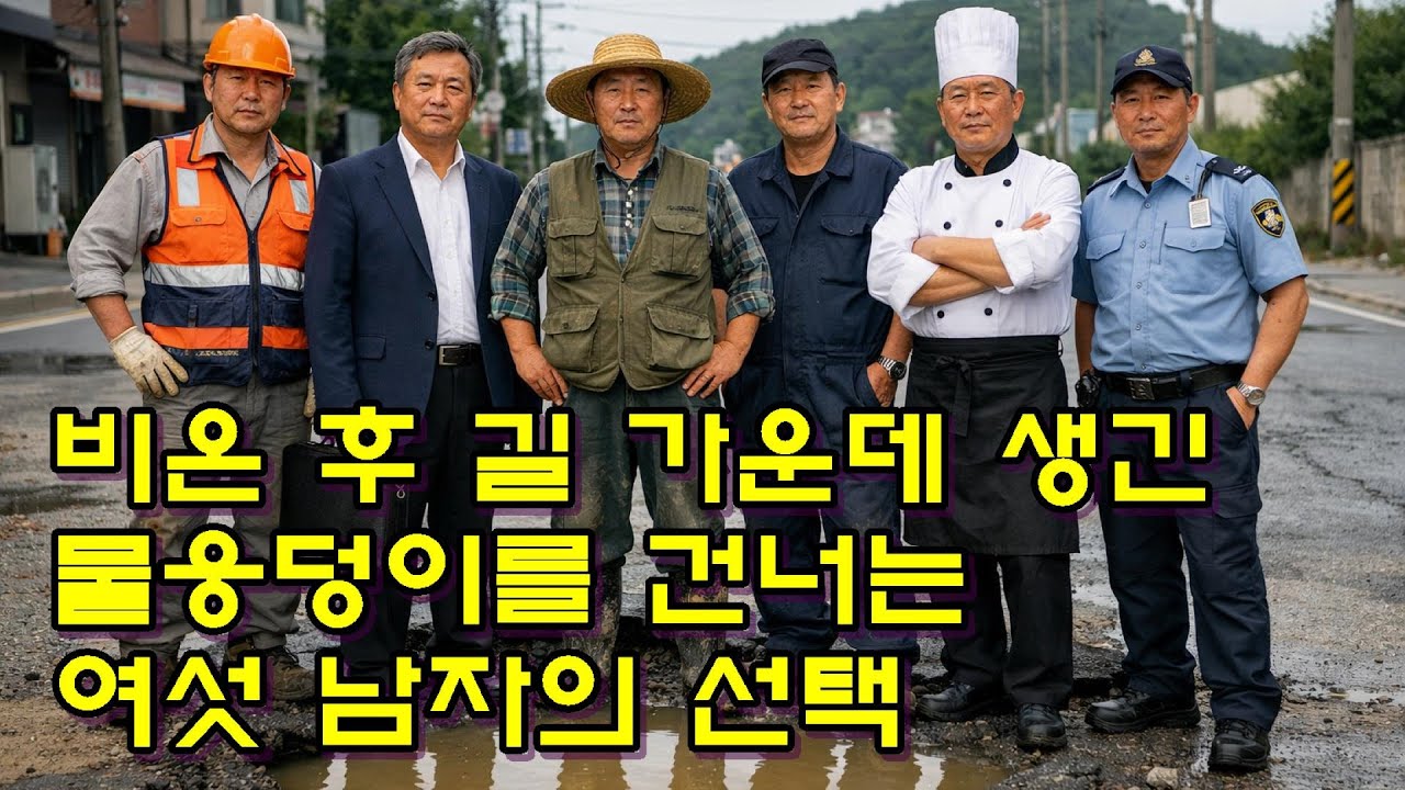 비 온 후 길 가운데 생긴 물웅덩이를 건너는 여섯 남자의 선택