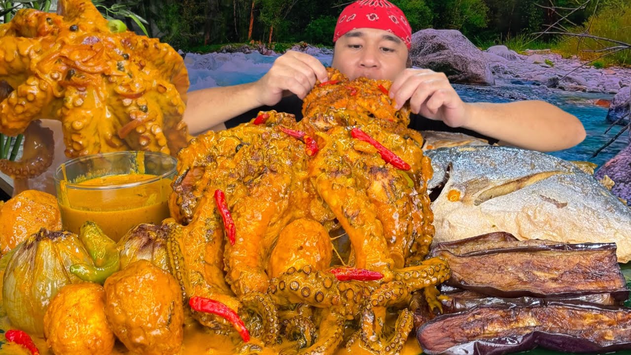Giant Spicy Curry Octopus, Fried Eggplant & Fish Mukbang Eating Show