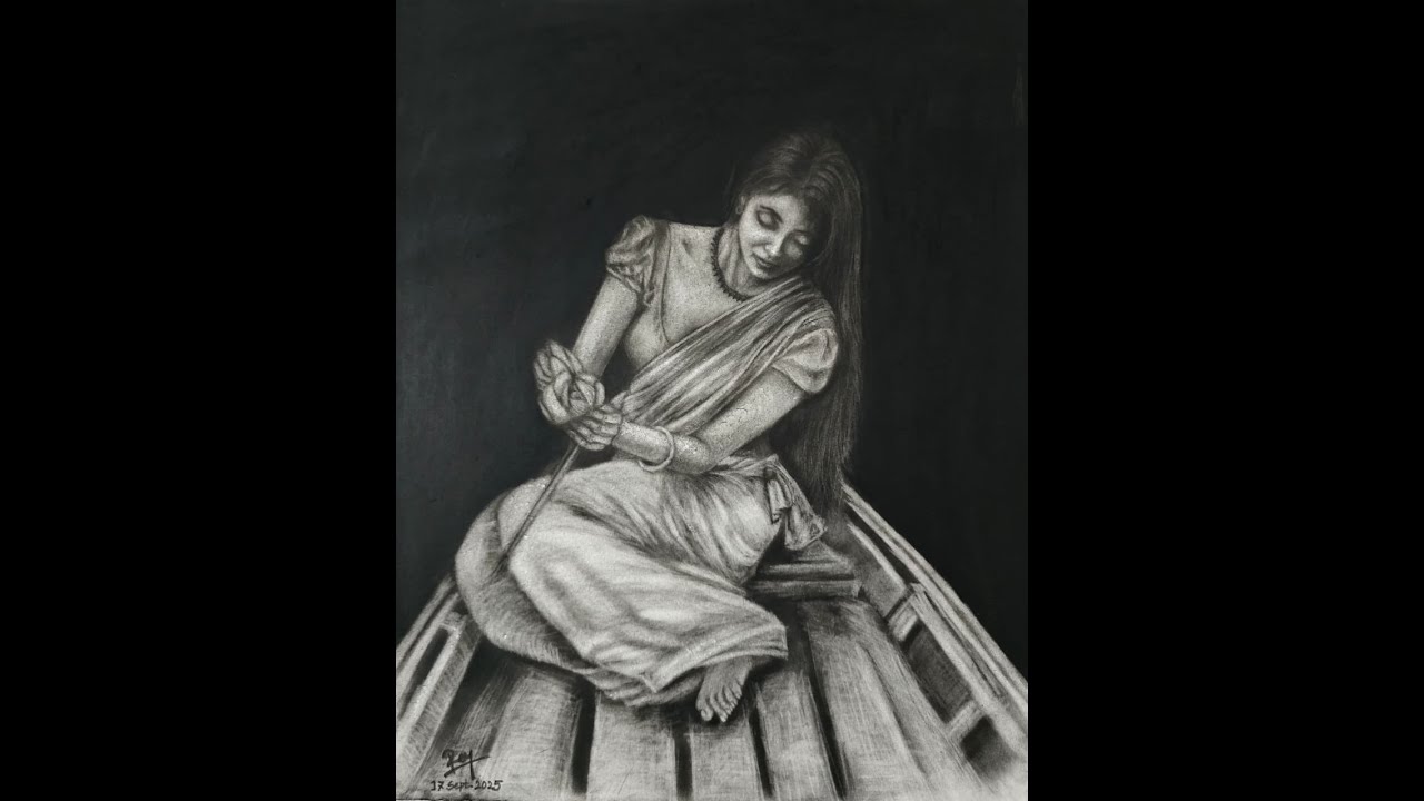 Drawing a Woman on a Boat in Charcoal | Time-lapse video | Jony Roy Art