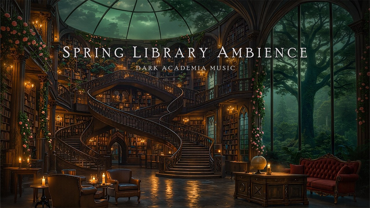 Spring Library Ambience on a Night Torrential Rain | Dark Academia Music for Study, Relax & Focus