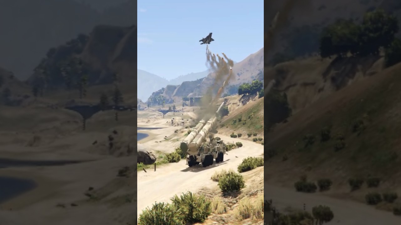 Ground Base Defense System Launch Blasttic Missiles At F-16 C Fighter Jet Gtav