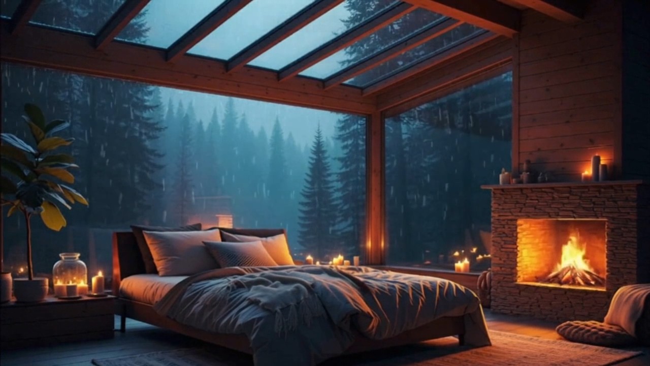 Cozy Rainy Glass Cabin | Fireplace Bedroom Under a Rainy Sky for Deep Sleep (8 Hours)