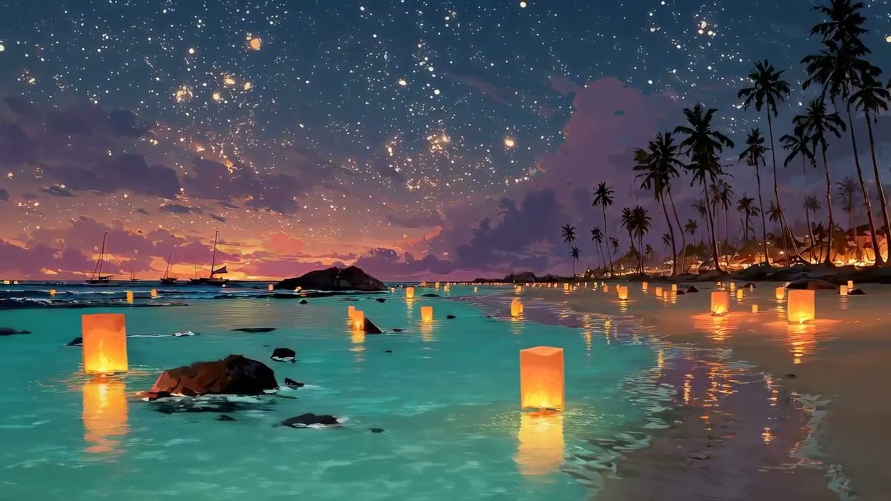Floating Lanterns on a Starry Hawaiian Beach – Serene Reggae Instrumental Tribute