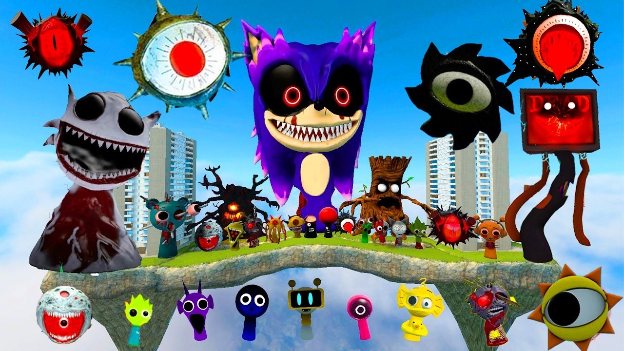 DESTROY MR SUN TREE FUN COMPUTER EVOLUTION ALL SPRUNKI FAMILY SPARTAN KICKING in SKY CONSTRUCT Gmod