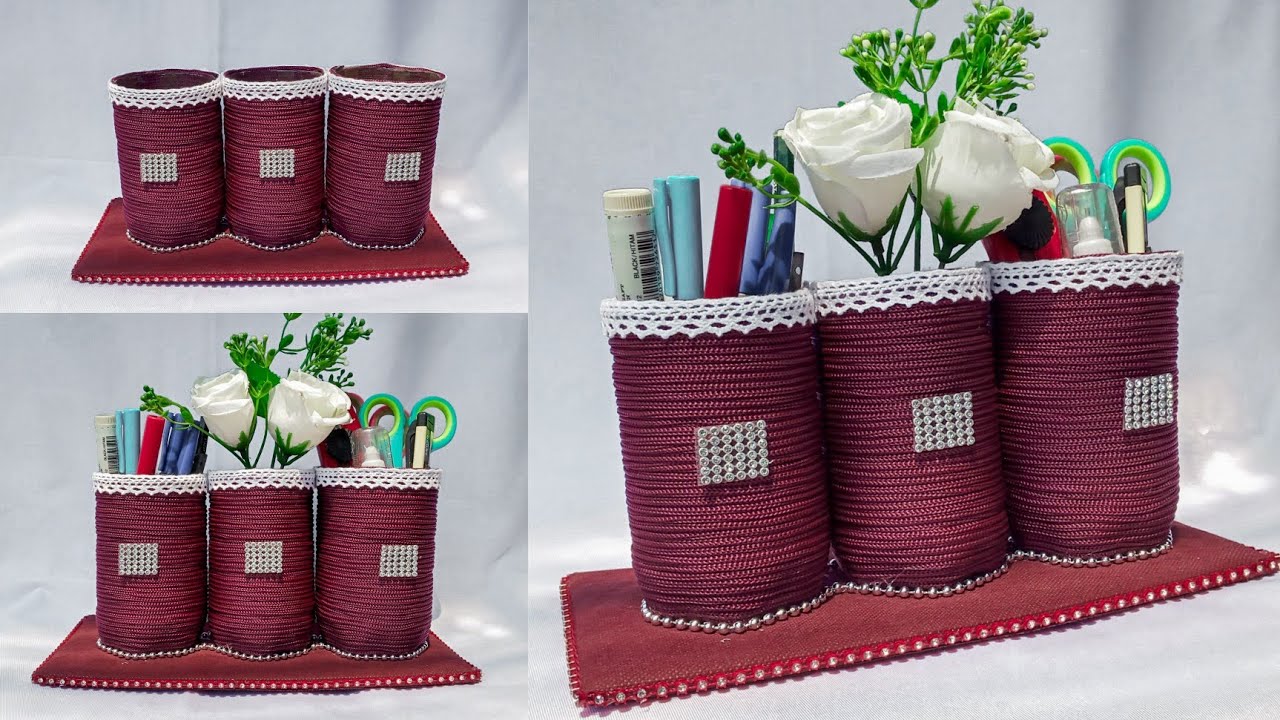 Tempat pensil botol plastik bekas dari tali kur | DIY easy plastic bottle pencil / pen holder craft