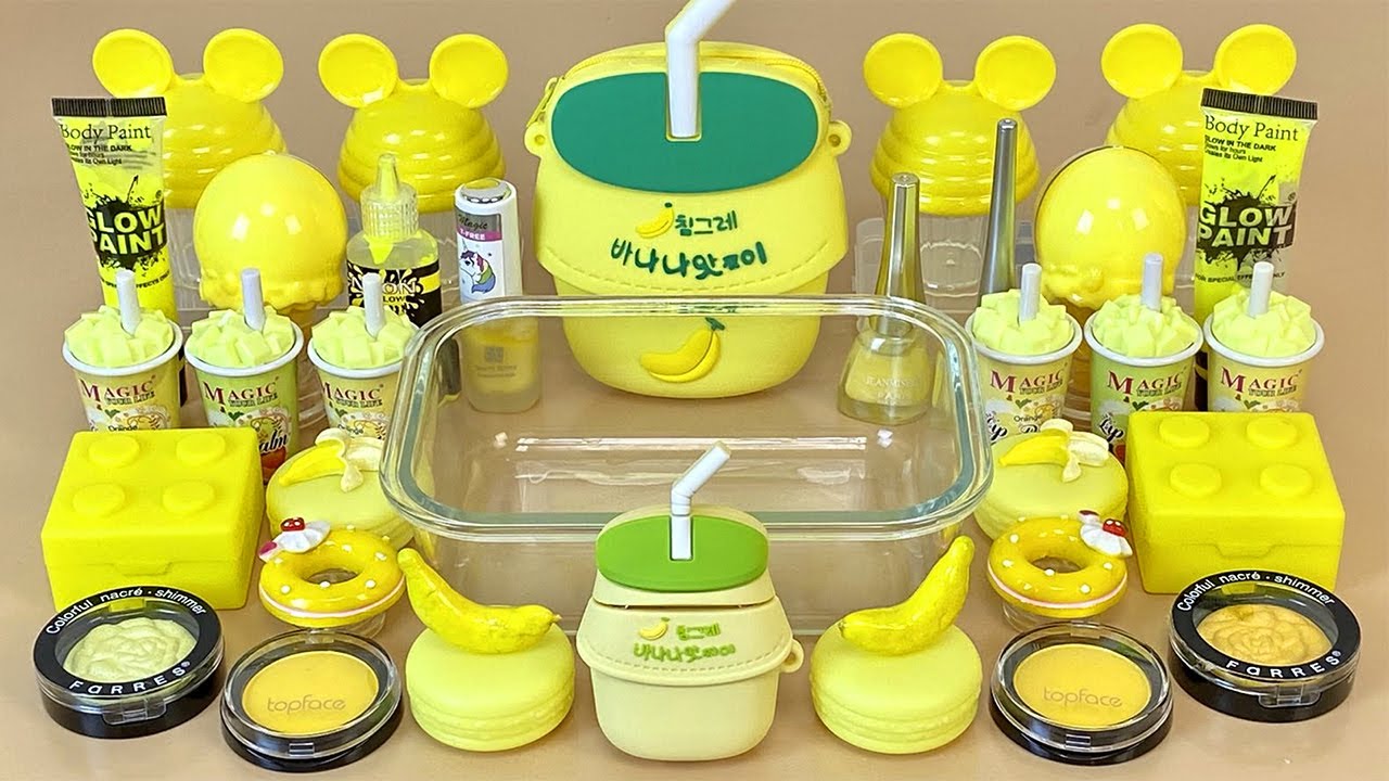 YELLOW SLIME 💛 Mixing makeup and glitter into Clear Slime 100% ASMR Satisfying Slime Videos 1080p
