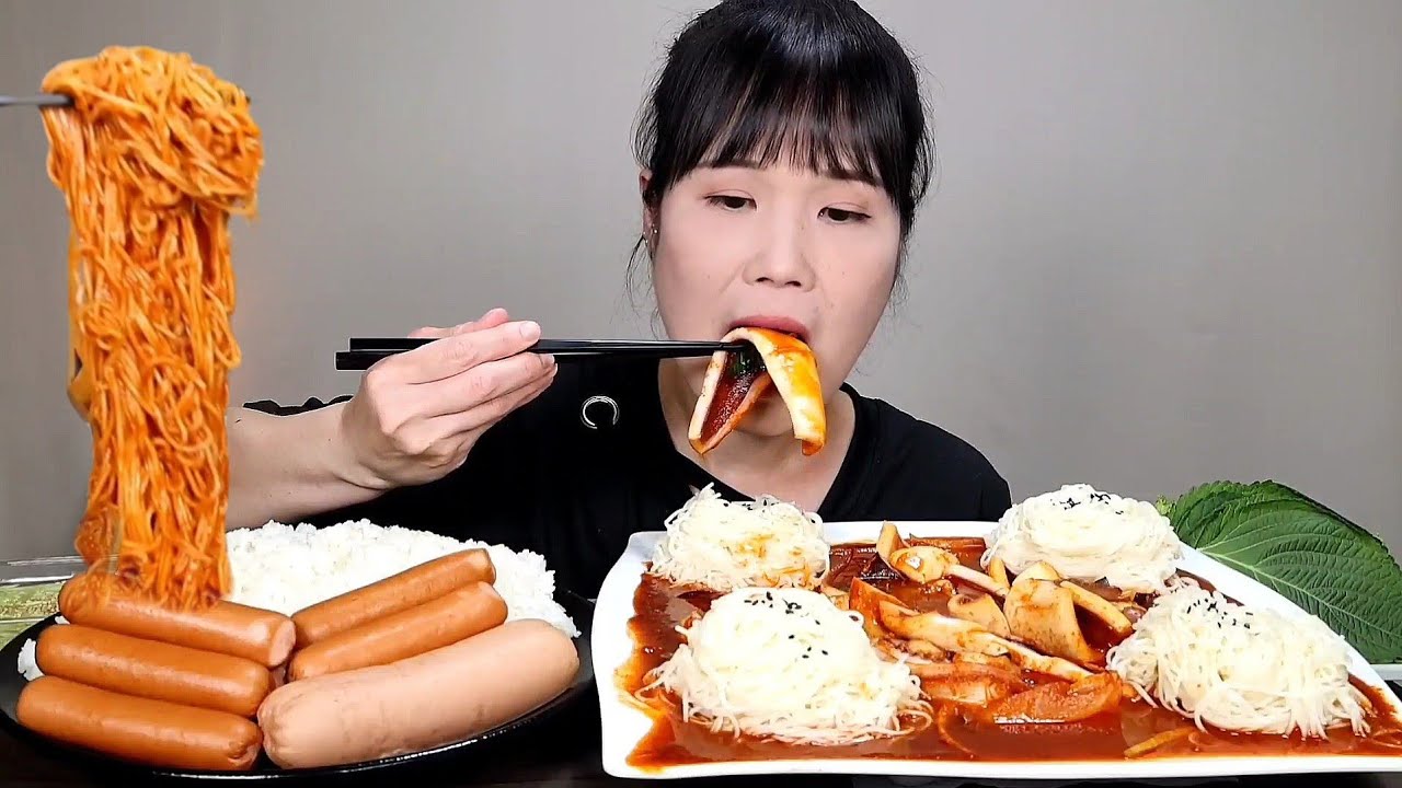 мукбанг, пряный, Стир-фрид Squid.