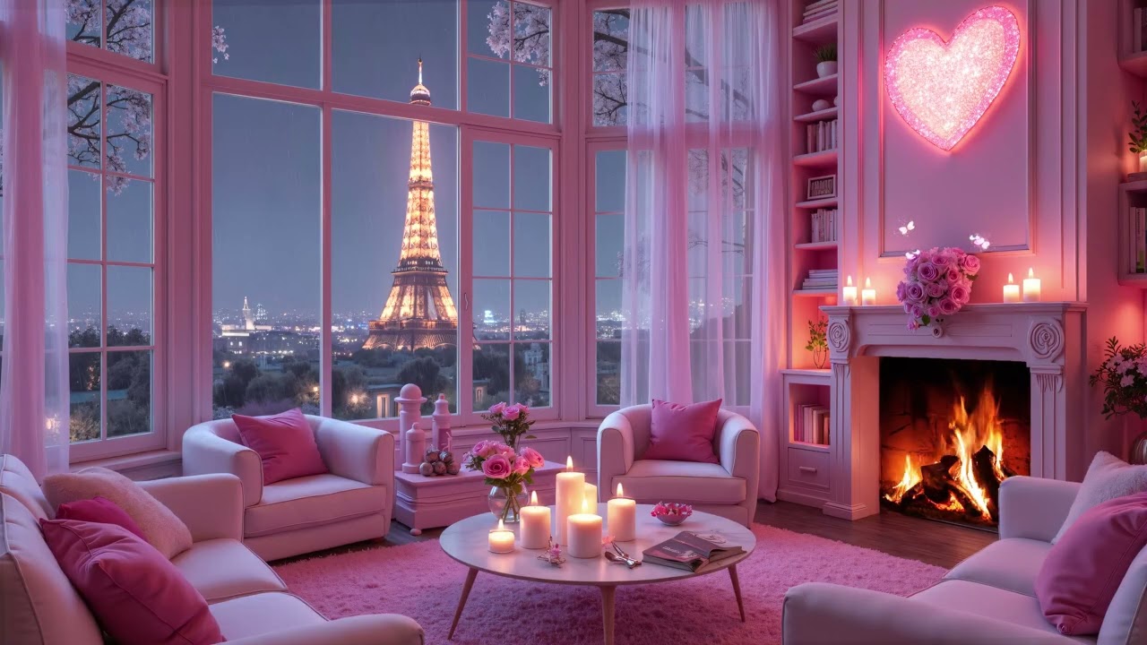 Paris Valentine Night 💖🌹 Cozy Pink Fireplace & Eiffel Tower View with Gentle Piano for Relaxation