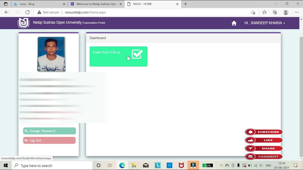 NSOU BDP EXAM FORM FILLUP 2021 STEP BY STEP