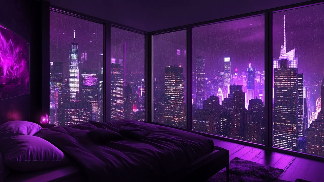 Midnight Rain Beyond a Radiant Skyline | Minimalist Urban Bedroom with Glass Walls | Deep Calm Night