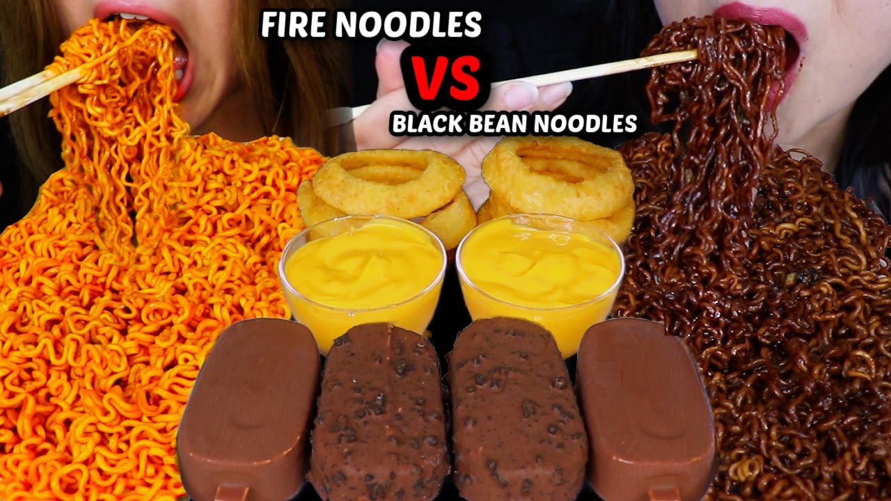 SPICY FIRE NOODLES VS BLACK BEAN NOODLES + CRUNCHY ONION RINGS with CHEESE SAUCE + ICE CREAM