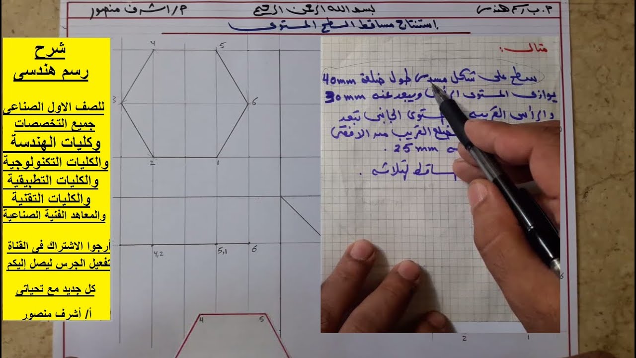 رسم هندسى 19- مثال مهم جدا على كيفية إستنتاج المساقط الثلاثة للسطح المستوى ( المسدس المنتظم )