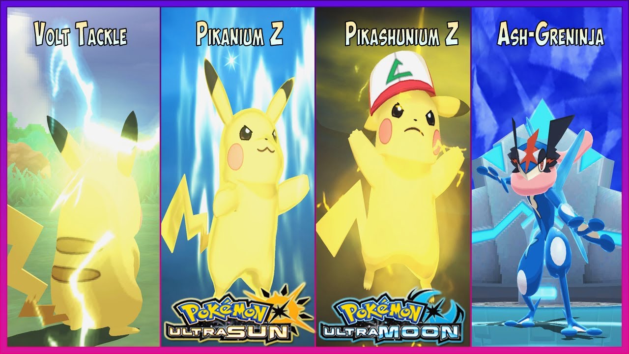 Pokemon UltraSun & UltraMoon All Pikachu's Hats,Ash-Greninja,Volt Tackle,Pikanium Z & Pikashunium Z