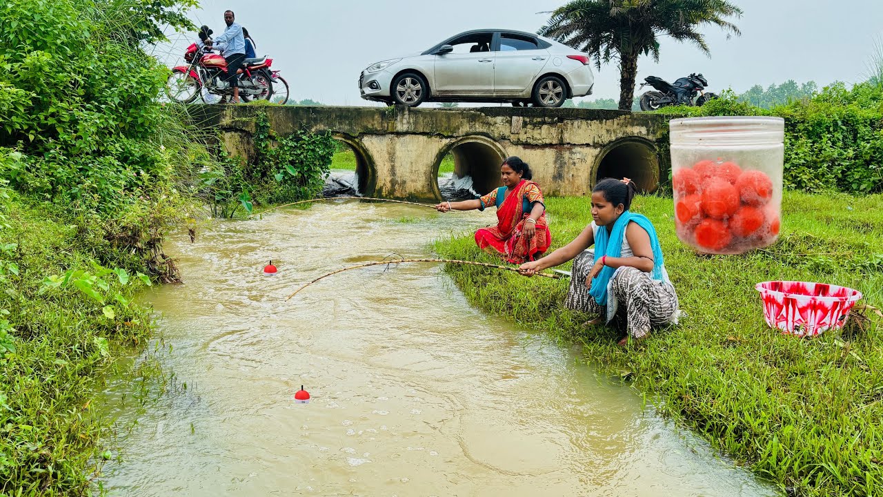 Fishing Video || Two expert fisherwomen fishing happily in the roadside canal || Amazing hook trap