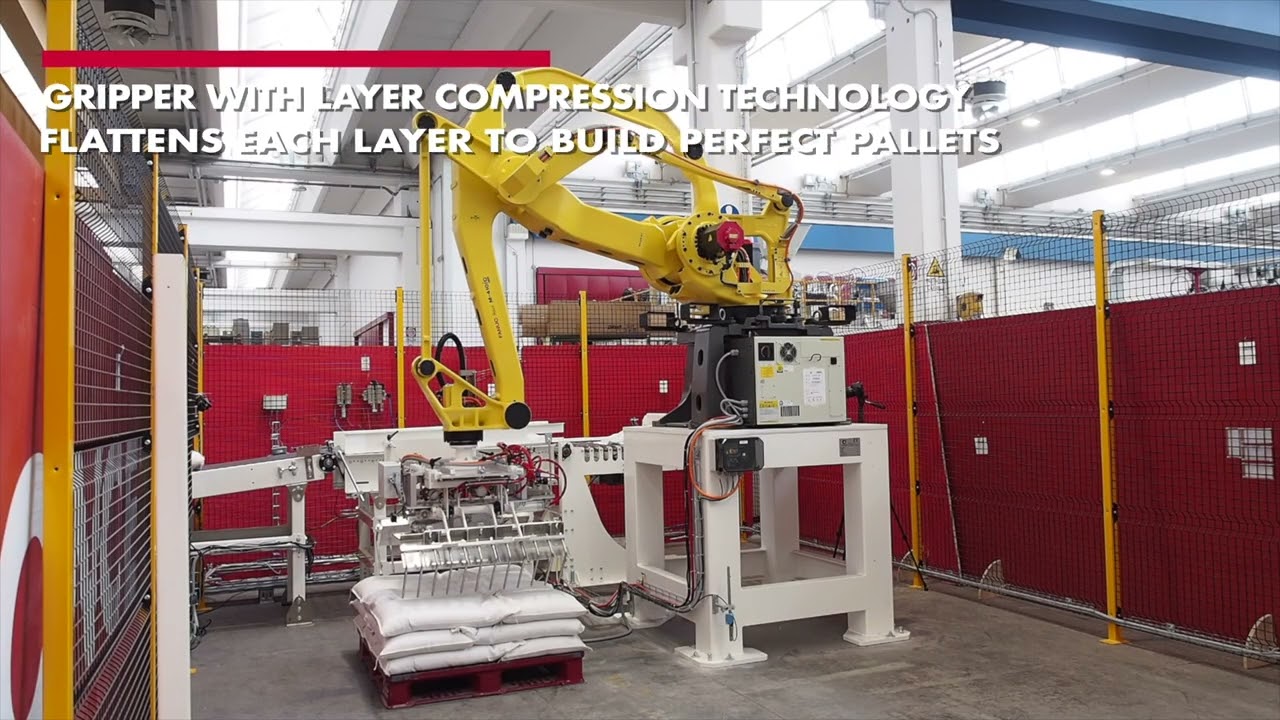 Automatic Robot Palletizer with tilting bag conditioning conveyor