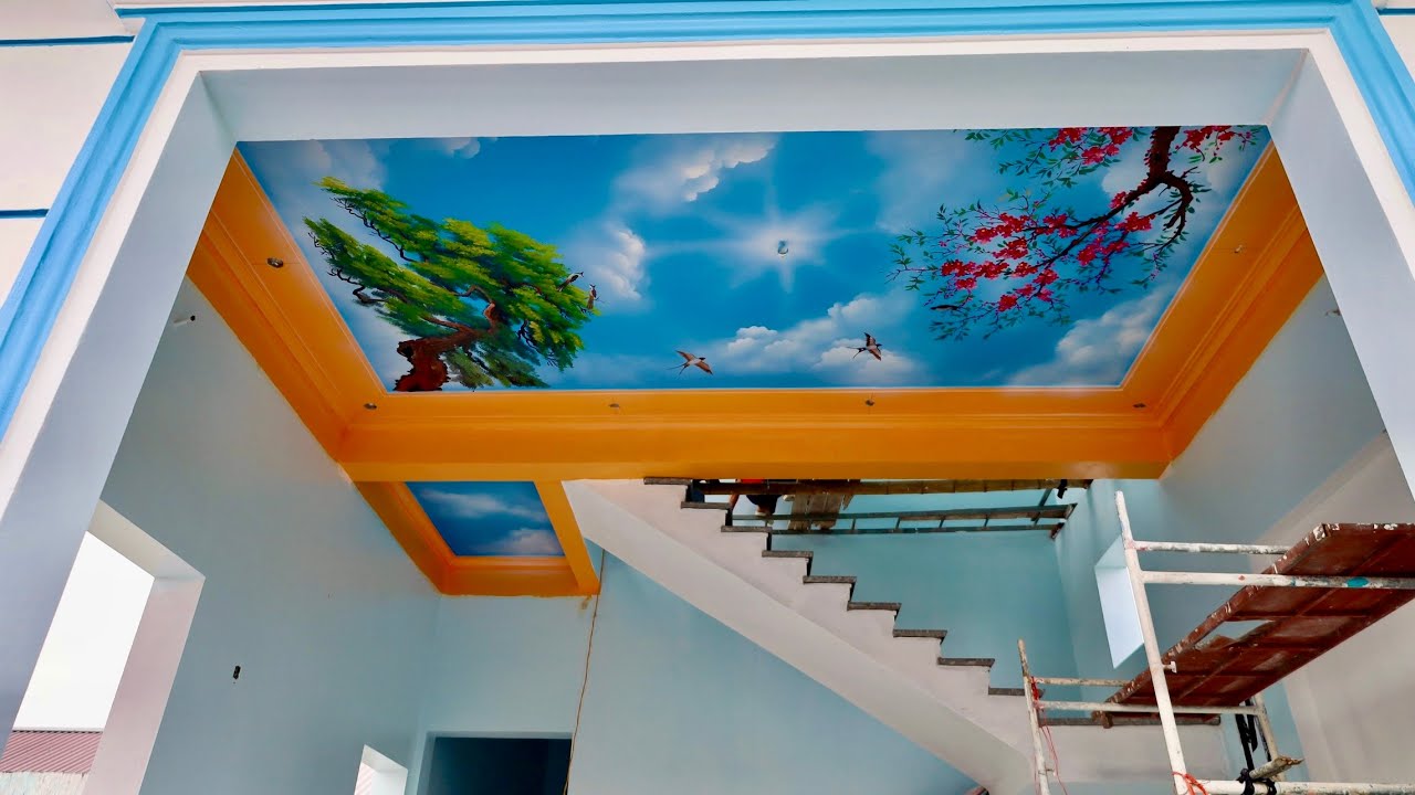 Master Artisan Painting Sky Clouds, Pine Trees & Peach Blossoms on a Ceiling – Artistic Wall Mural