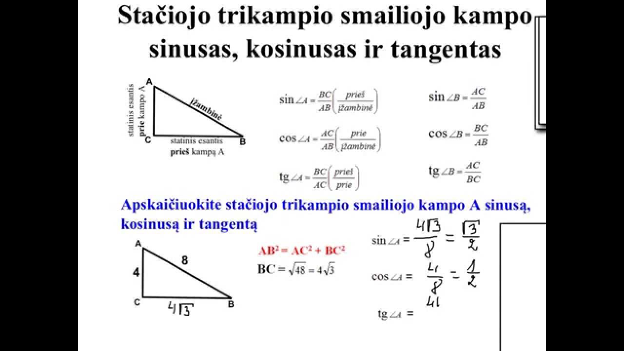 Stačiojo trikampio smailiojo kampo sinusas, kosinusas ir tangentas