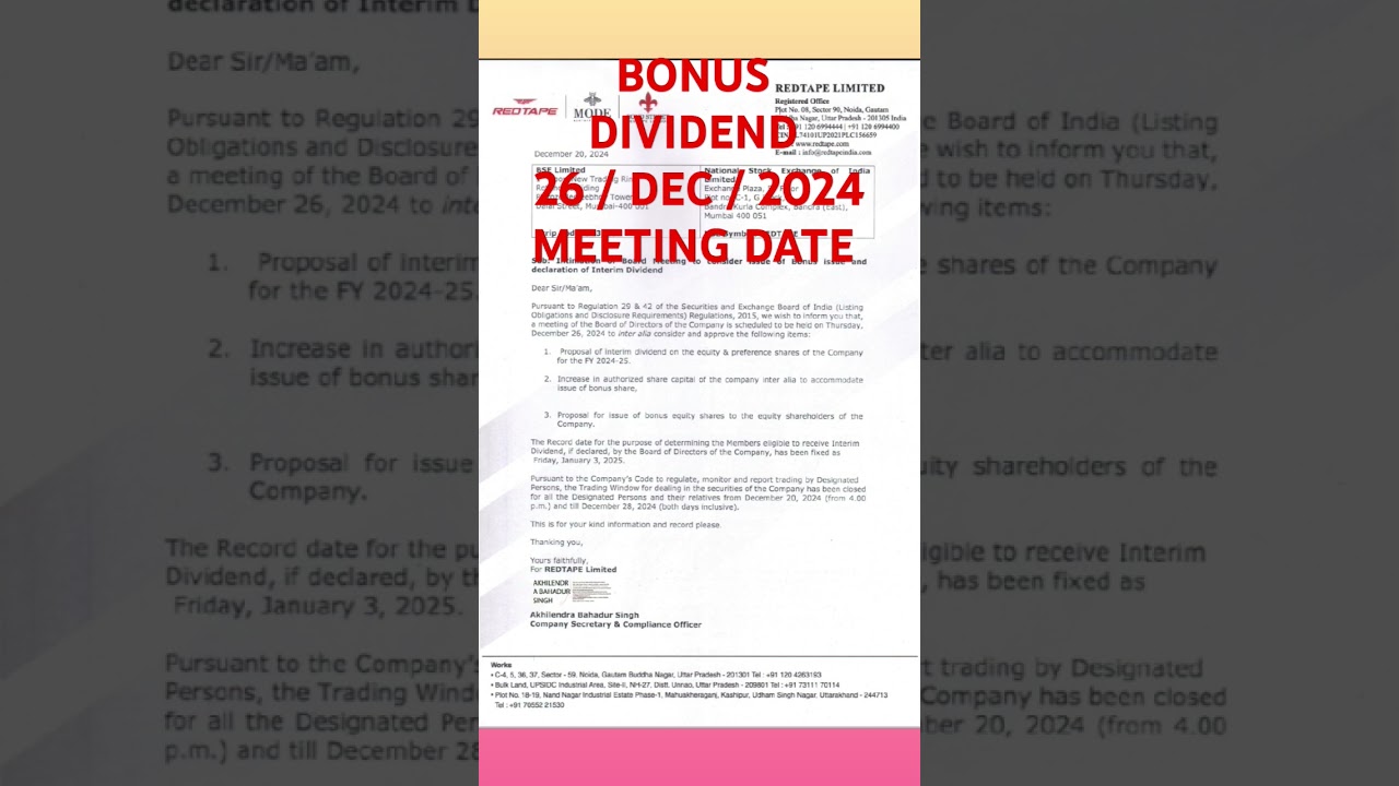 💥 BONUS 💥 redtape Ltd share #bonus #dividend update #stockmarket #smju #bse #nse #investment