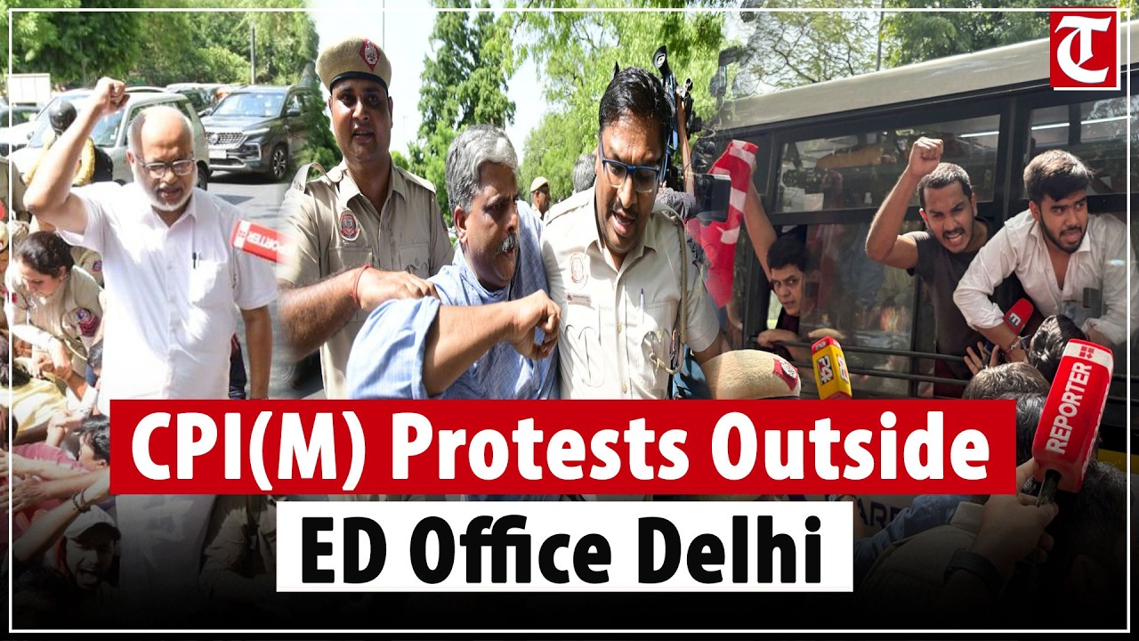 CPI(M) leaders clash with police during protest over ED raid at Pinarayi Vijayan residence.