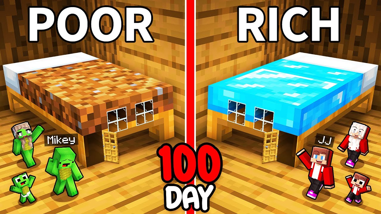 Mikey Family POOR vs JJ Family RICH : 100 Days inside Bed in Minecraft (Maizen)