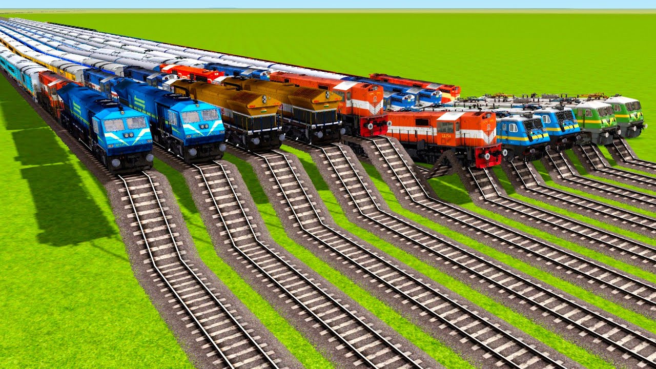 TEN TRAINS VS TEN BUMPY HIGH LOW SHARP RAILWAY LINE AND MASSIVE SPEED BUMPS TRACKS|Train simulator|