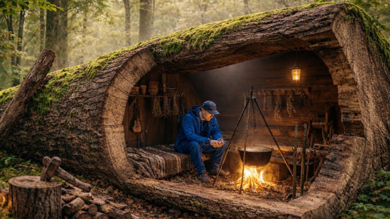 Living Inside a Massive Hollow Tree Log I Turned Into a Modern Shelter