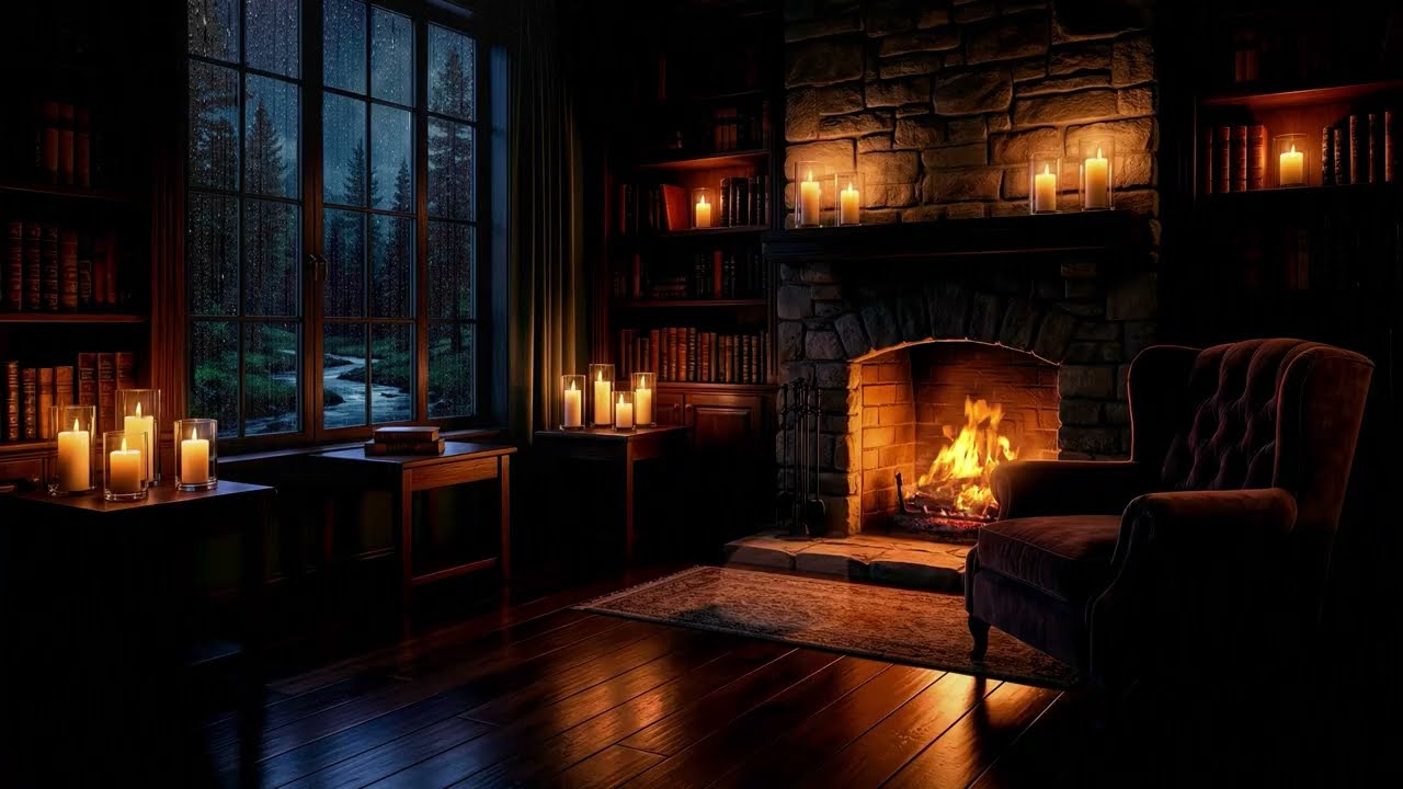 4hrs ASMR ,relaxing rain, sleep to cozy soft  fireplace