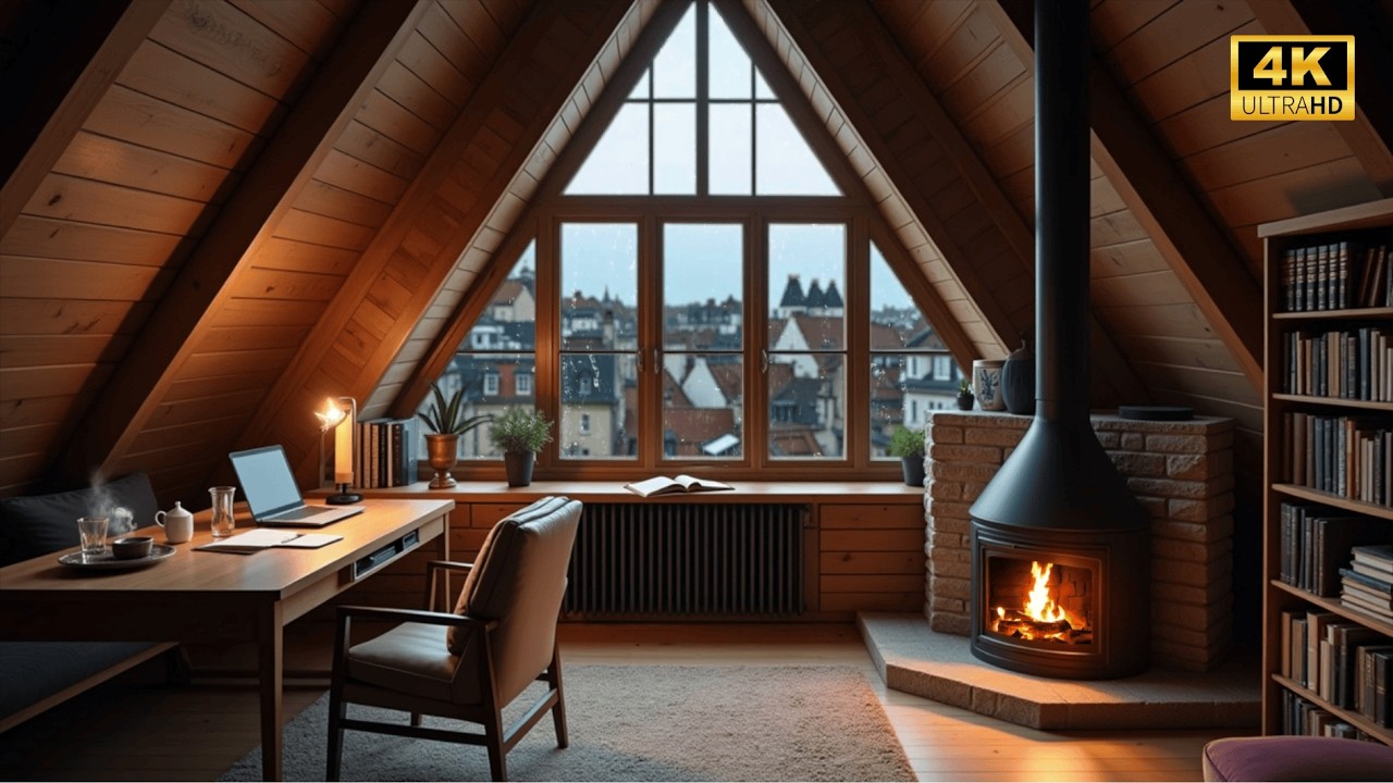 Rainy Evening in a Cozy Street Café ☕🔥 Soft Jazz Piano & Warm Fireplace Ambience for Relaxation