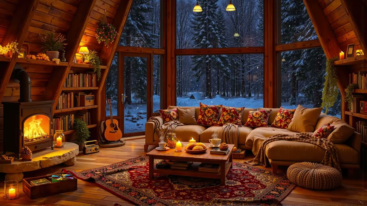 Cozy Winter Cottage Ambience ❄️Warm Jazz Music, Crackling Fireplace & Snowy Night for Relax & Focus