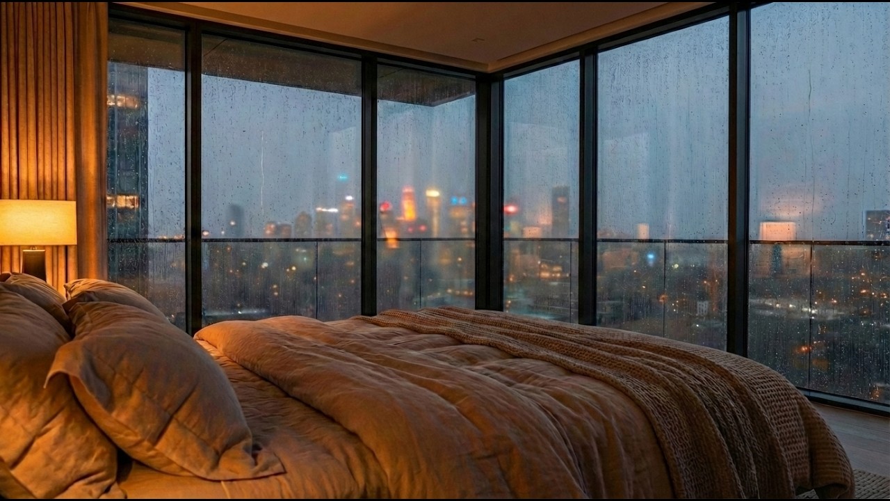 Rainy City Bedroom Ambience | Cozy Bed View, Window Rain & Night City Sounds (8 Hours)