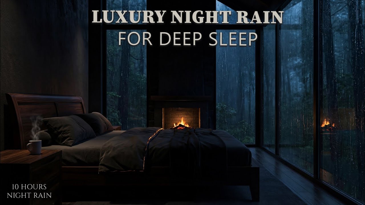 Continuous Night Rain with Fireplace Crackling | 10 Hours Luxury Forest Bedroom Sleep Ambience