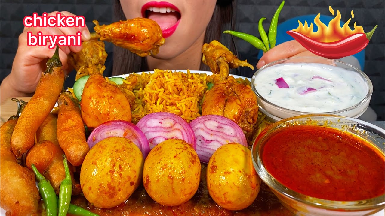 ASMR SPICY CHICKEN BIRYANI, EGG CURRY, CHILLI PAKORA, RAITA, VEGETABLES 먹방 Eating Sounds