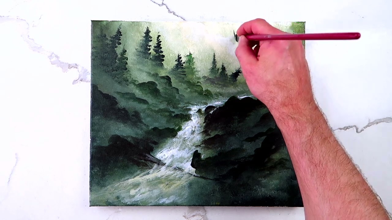 Fallen Waterfall Tree | Misty Acrylic landscape painting techniques | Oval Brush Art