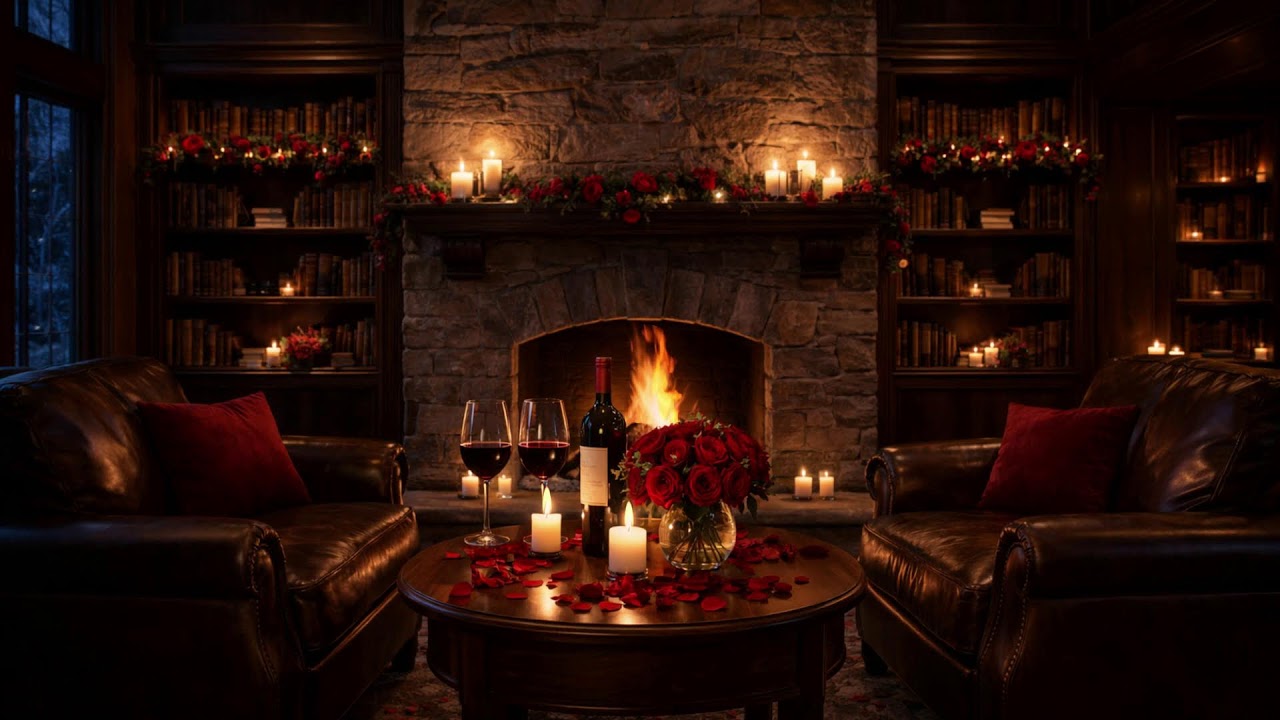 No Ads - Late Night Valentine 🌹 Candlelit Study & Fireplace Ambience