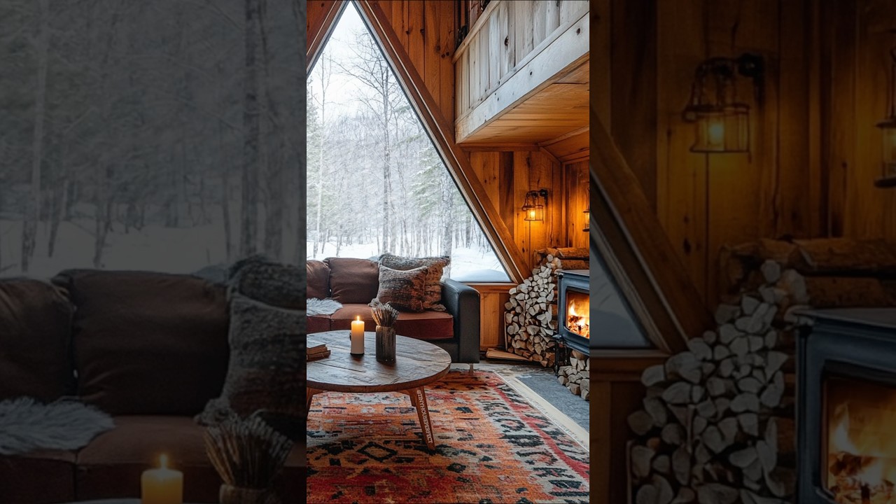 Escape to a cozy A-frame cabin! ❄️🔥 Relax by the fire, enjoy rustic charm & snowy views. 🏕️✨☕