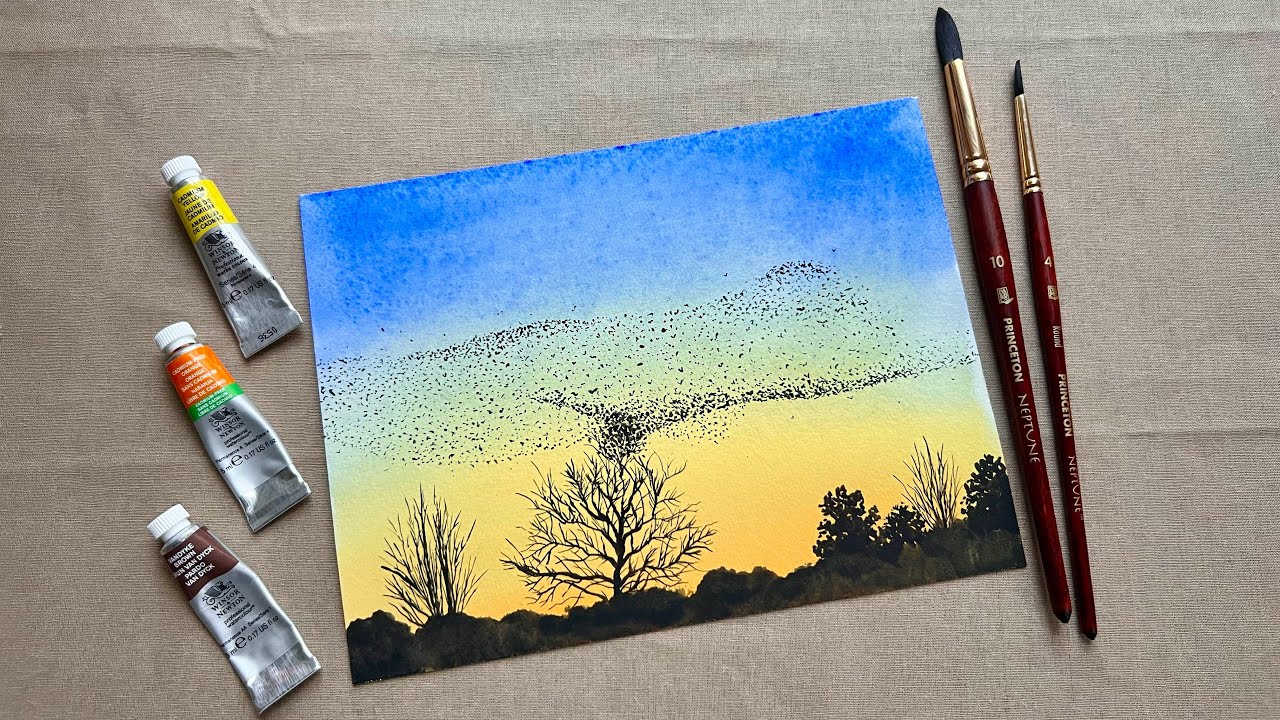 Paint n sip #103 - paint a starling murmuration with me | real-time watercolor landscape tutorial