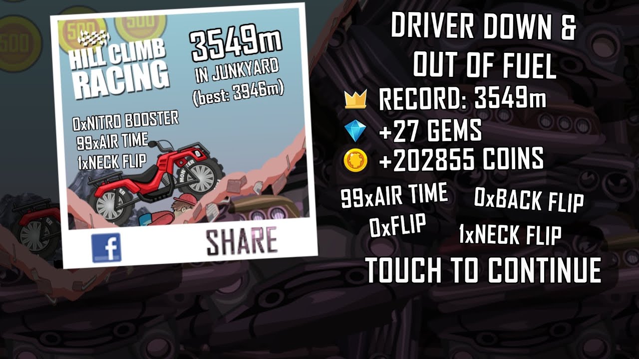 Hill Climb Racing: 3549m in Junkyard on Quad Bike (no boosters, no pets, no cartapults)