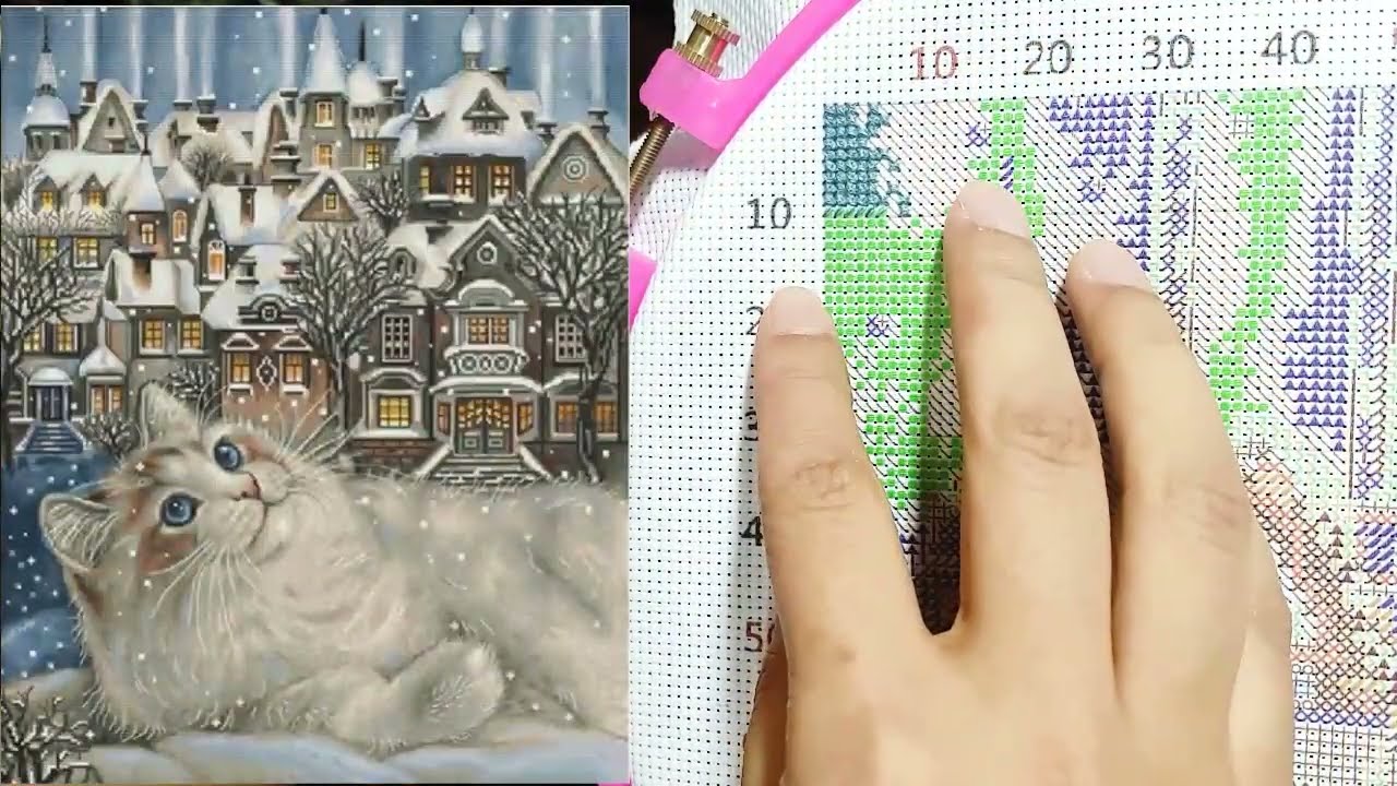 FLOSSTUBE #53 Stitch With Me | Winter City Cat | cross stitch kit | 십자수 킷 | 14ct | stitch ASMR