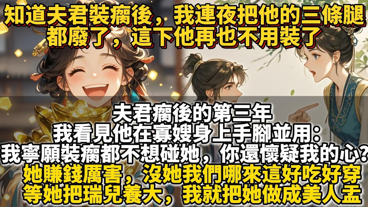 完結復仇爽文：知道夫君裝瘸後，我連夜把他的三條腿都廢了，這下他再也不用裝了。夫君瘸後的第三年。我看見他在寡嫂身上手腳並用：小醋精，我寧願裝瘸都不想碰她，你還懷疑我的心？ 她蠢是蠢，可賺錢厲害
