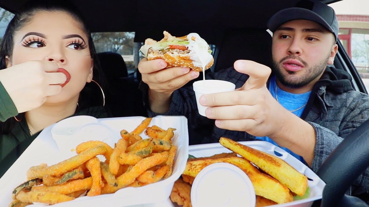 DOUBLE CHEESEBURGER + FRIED ZUCCHINI CHICKEN STRIPS MUKBANG