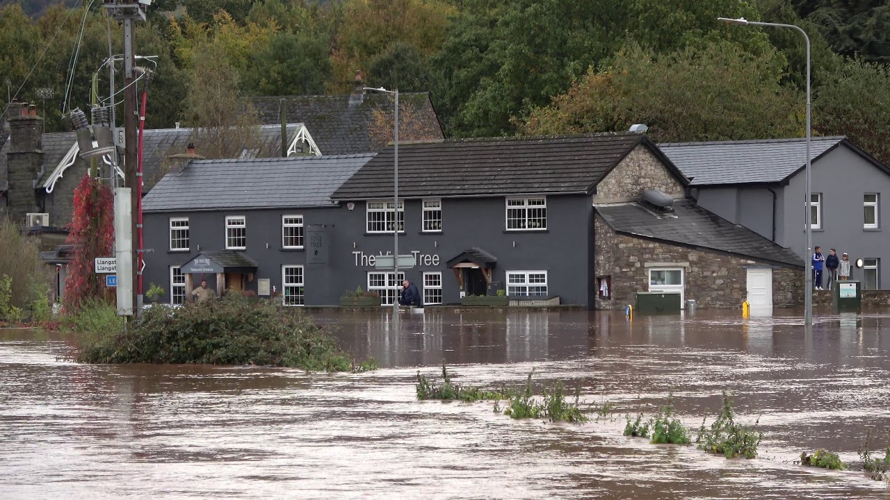 Crickhowell in Flood 2019 The river Usk broke its banks, and flooded