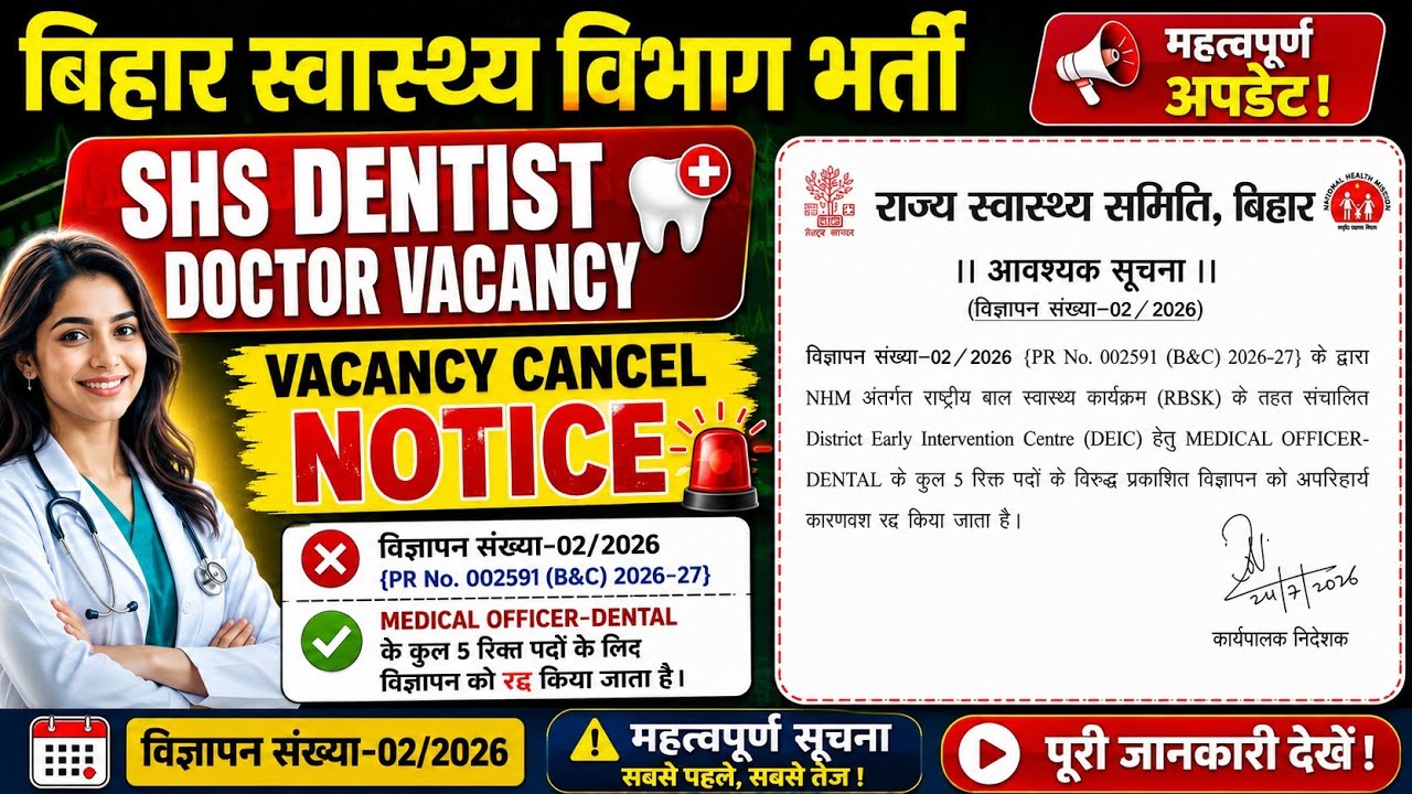 SHS Dentist Doctor Vacancy 2026 | Bihar Health Dept Updates | Medical Officer-Dental Recruitment ...