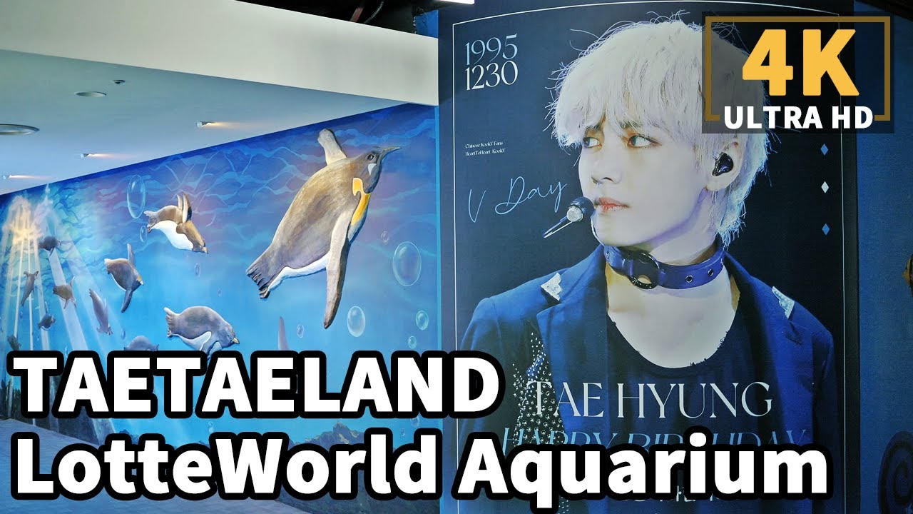 [4K] Lotte World Aquarium Walking Tour - BTS V's Birthday | 롯데월드 아쿠아리움 투어 + 방탄소년단 뷔 생일 광고 구경하기