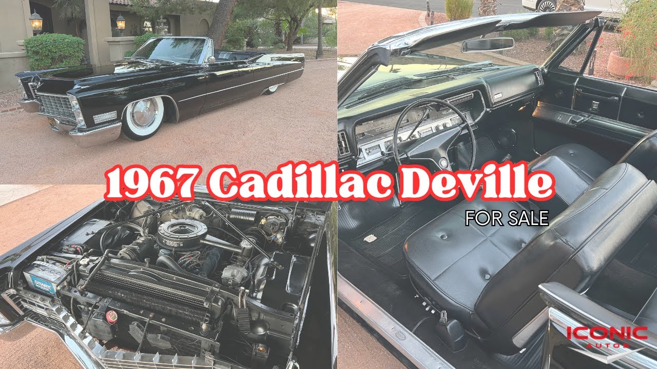 Кабриолет Cadillac Deville 1967 года выпуска — черный калифорнийский автомобиль с полной загрузко...