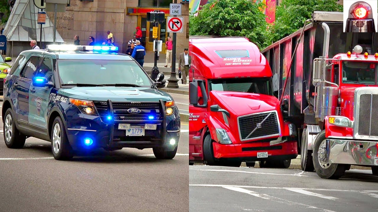State Police Car Responding to Tractor Trailer Collision in Boston
